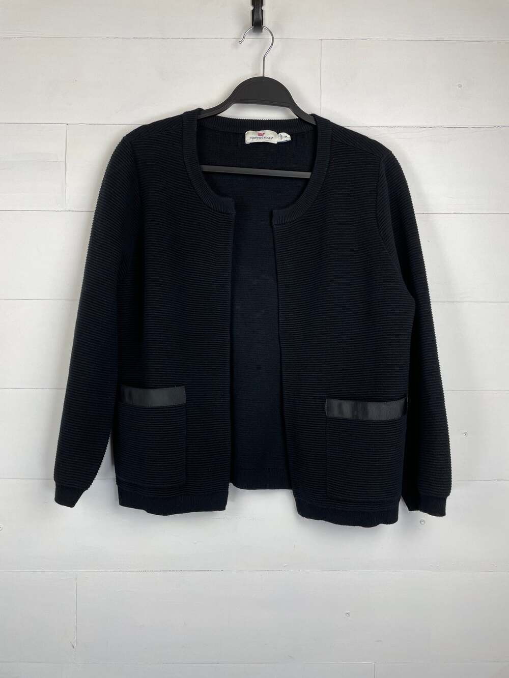 Vineyard Vines Grosgrain Trim Black Rib Knit Open Cardigan Sweater M